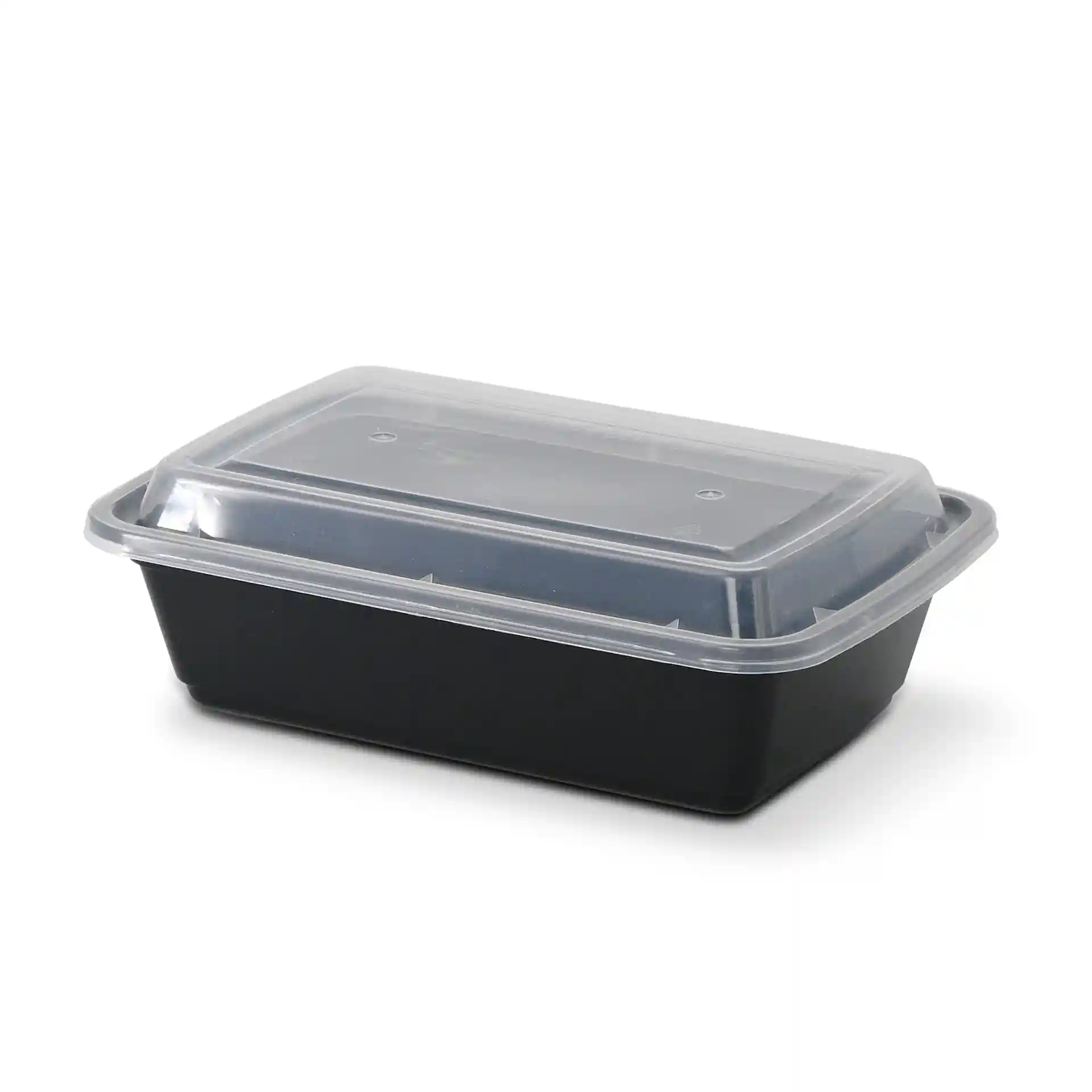 Contenitore rettangolare nero riutilizzabile con coperchio trasparente, misura 185 mm di lunghezza, 124 mm di larghezza e 44 mm di altezza.