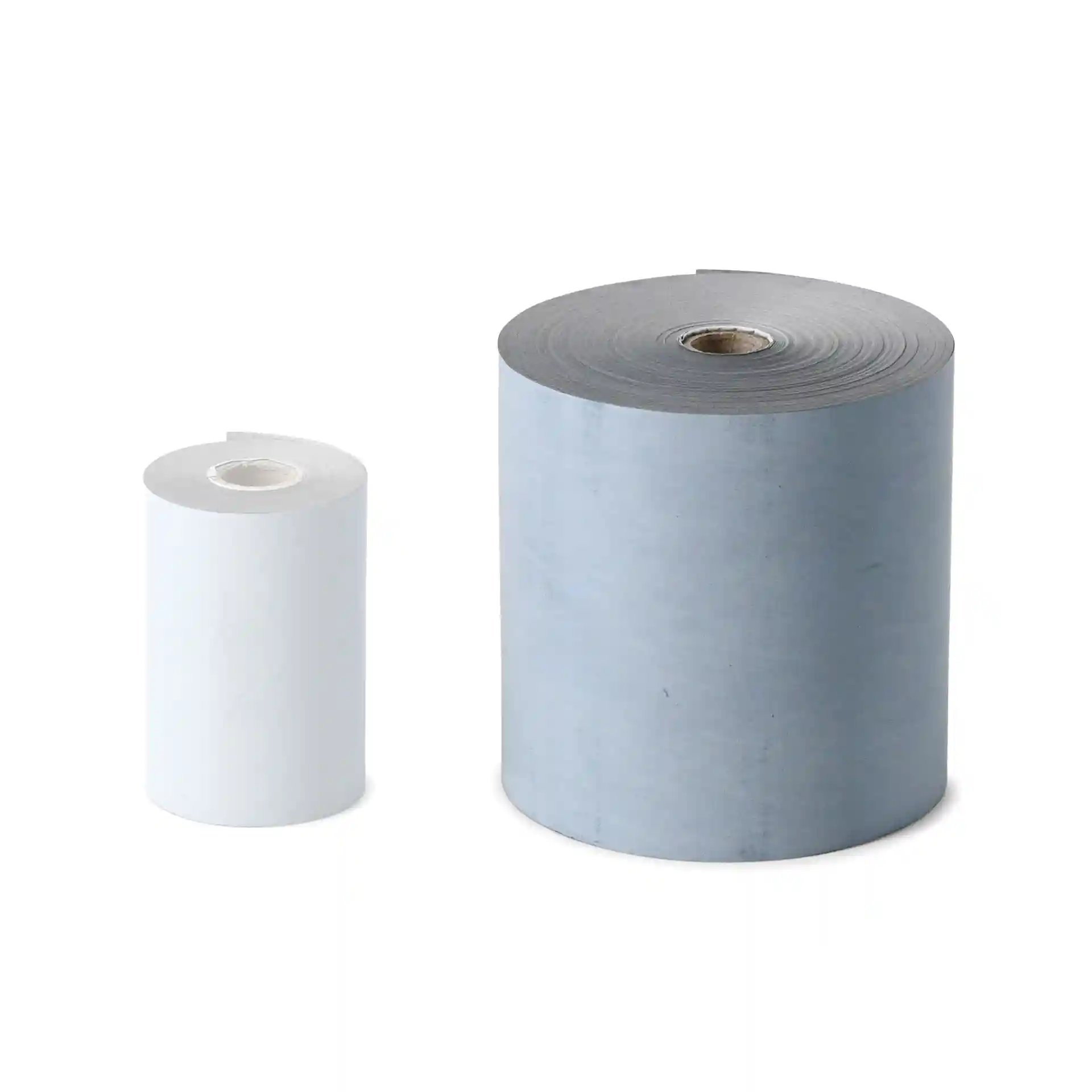 Immagine di due rotoli di carta termica, uno grigio e più grande, l'altro bianco e più piccolo, entrambi con nuclei visibili.