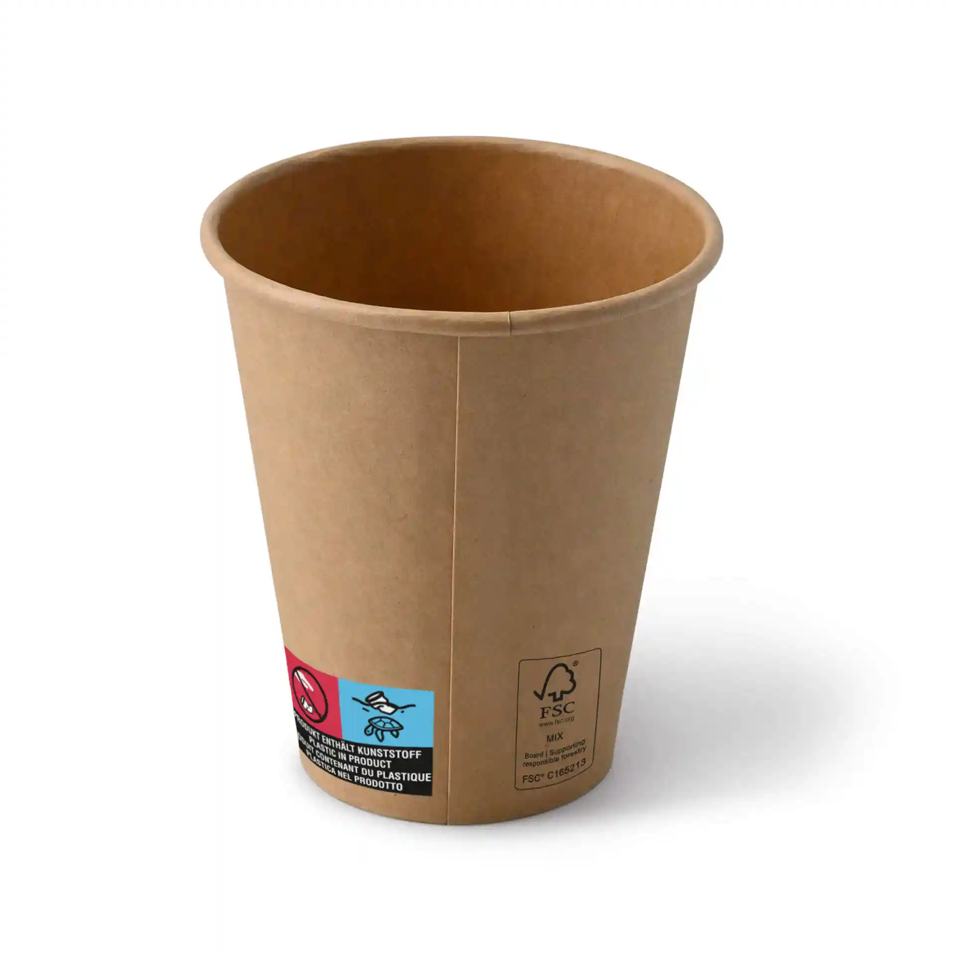 Bicchiere di carta marrone a forma rotonda, capacità di 10 oz, con rivestimento e etichette visibili sul lato.