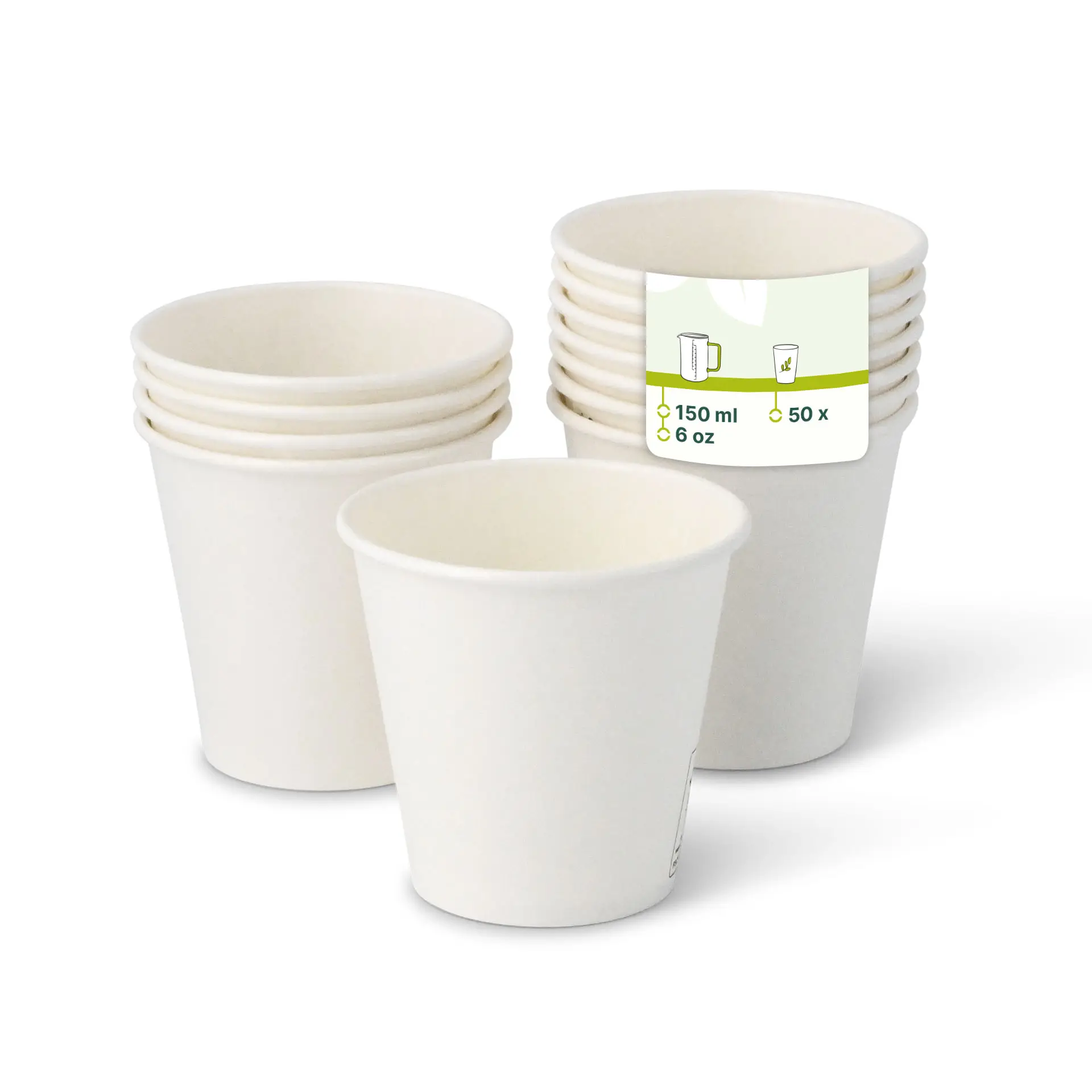 Coppette di carta bianche impilate, a parete singola, 150 ml / 6 oz, con icone verdi e un'etichetta sulla coppetta superiore.