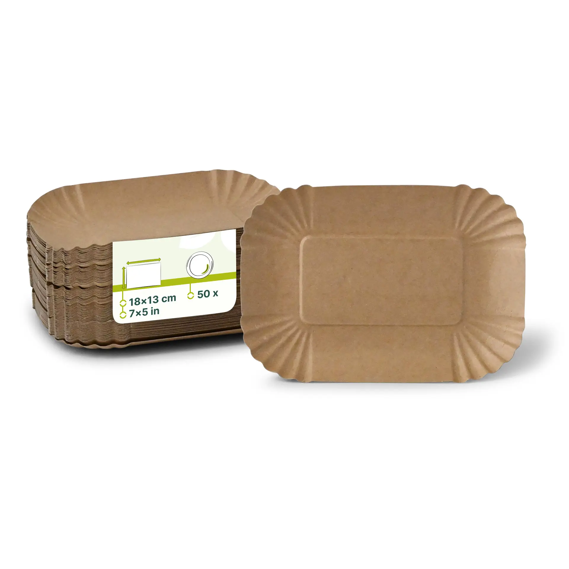 Vassoi in cartone marrone, forma rettangolare 18 x 13 cm; etichetta di imballaggio dettagliata mostrata nelle vicinanze.