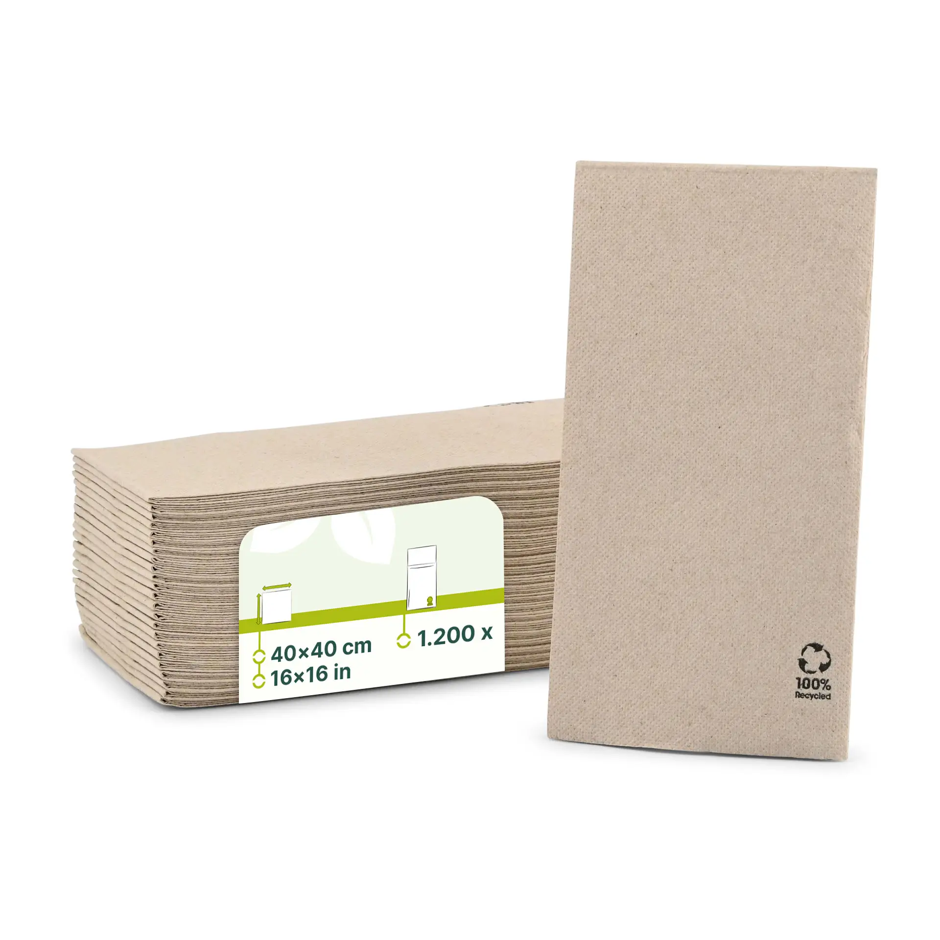 Servietten aus recyceltem Papier (Premium) 40 x 40 cm, 2-lagig, 1/8 Falz, ungebleicht