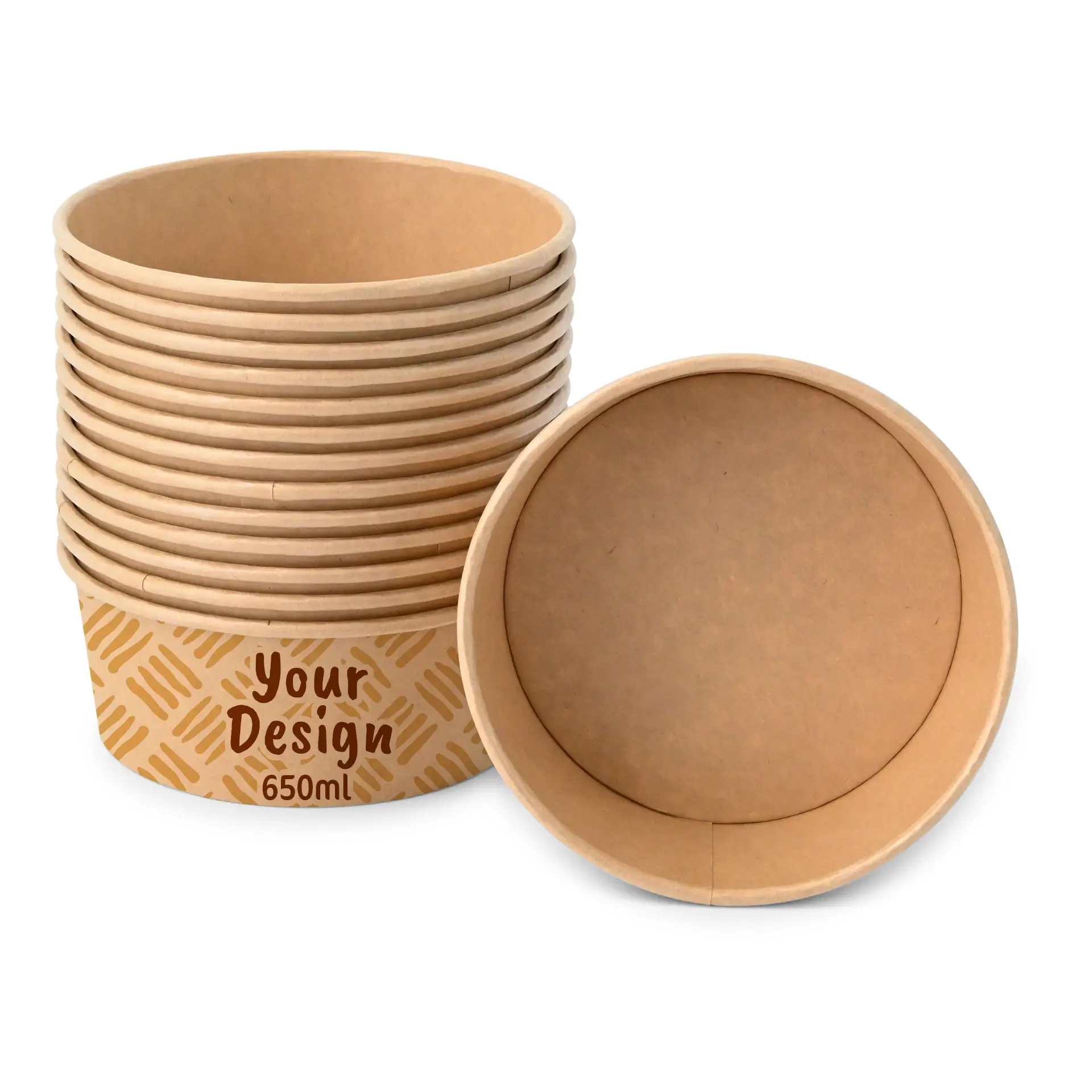 Ciotole per insalata personalizzate / Bowls stampate, 650 ml, Ø 150 mm, marrone, con rivestimento PLA