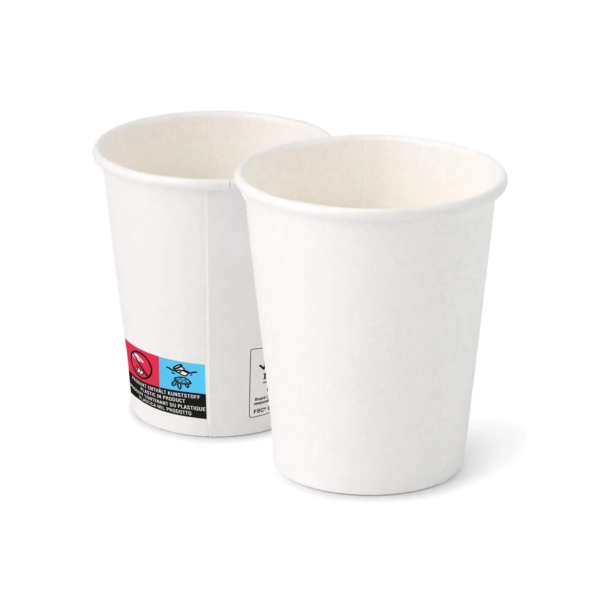Due bicchieri di carta bianchi da 8 oz con forma rotonda e rivestimento, mostrando viste interne ed esterne.