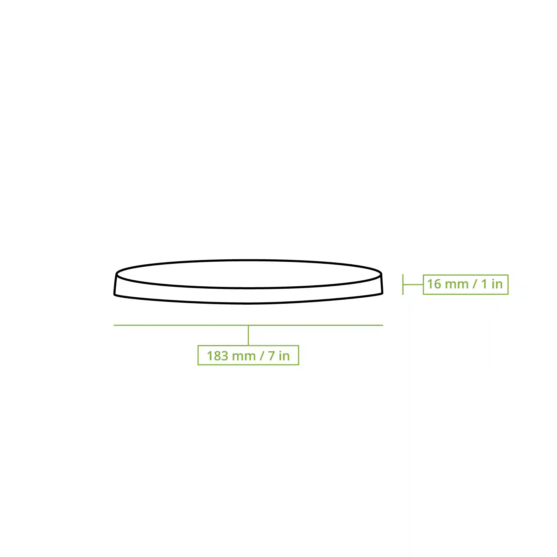 Disegno schematico di un coperchio rotondo e trasparente con un diametro di 183 mm e un'altezza di 16 mm.