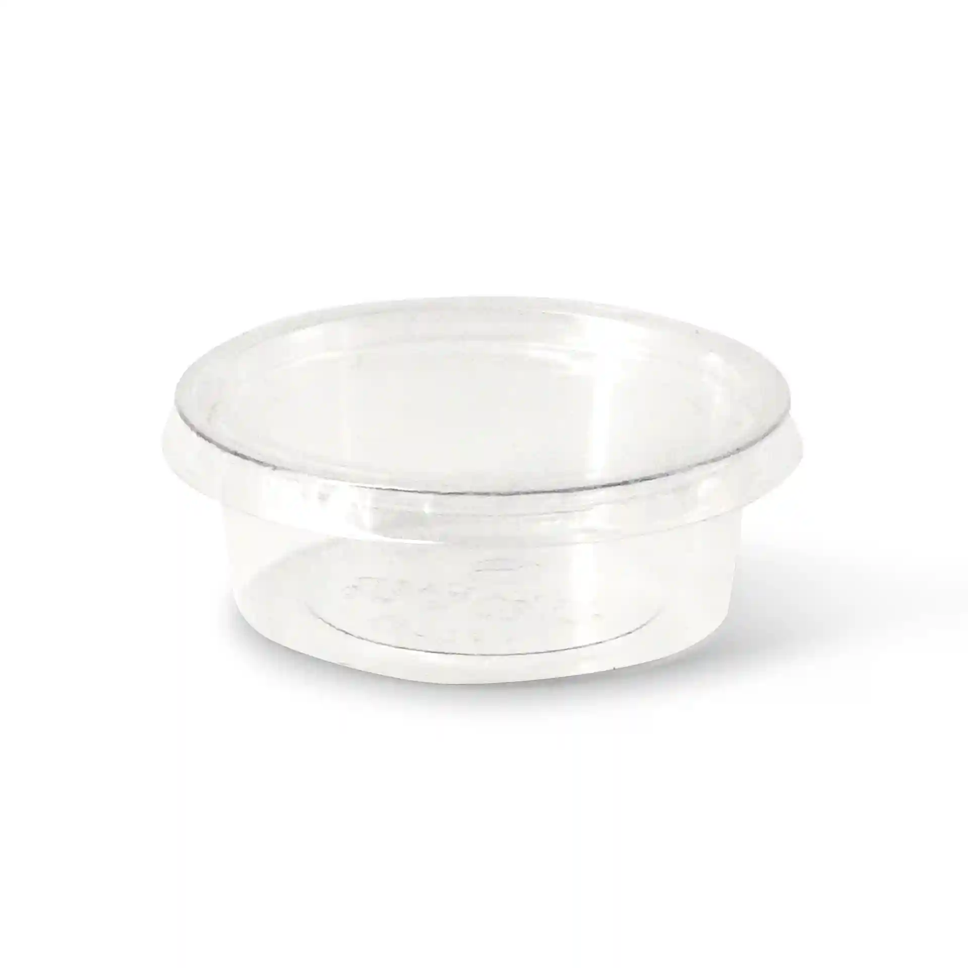 Bicchiere porzione in PLA trasparente da 60 ml con un diametro di 70 mm e un'altezza di 25 mm.
