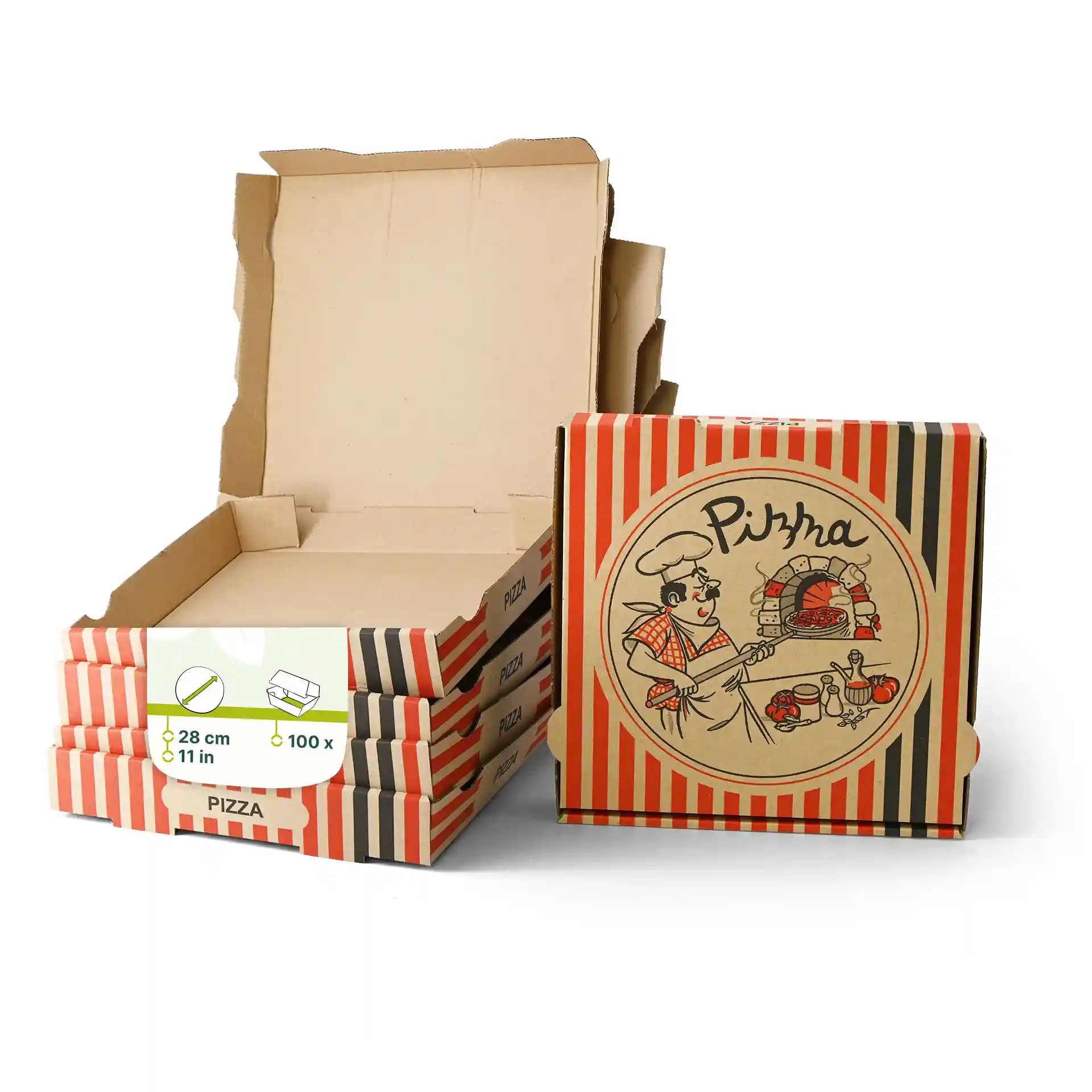 Scatole di pizza in cartone con design di chef pizzaiolo, impilate, una scatola aperta, dimensioni 28 x 28 x 4 cm.