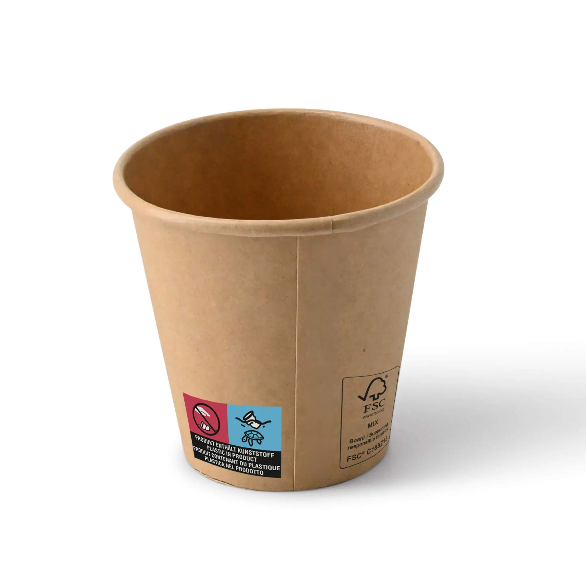 Bicchiere di carta marrone da 6 oz con rivestimento in PE; progettato per bevande in caffè o panetterie. Presenta simboli stampati sul lato.
