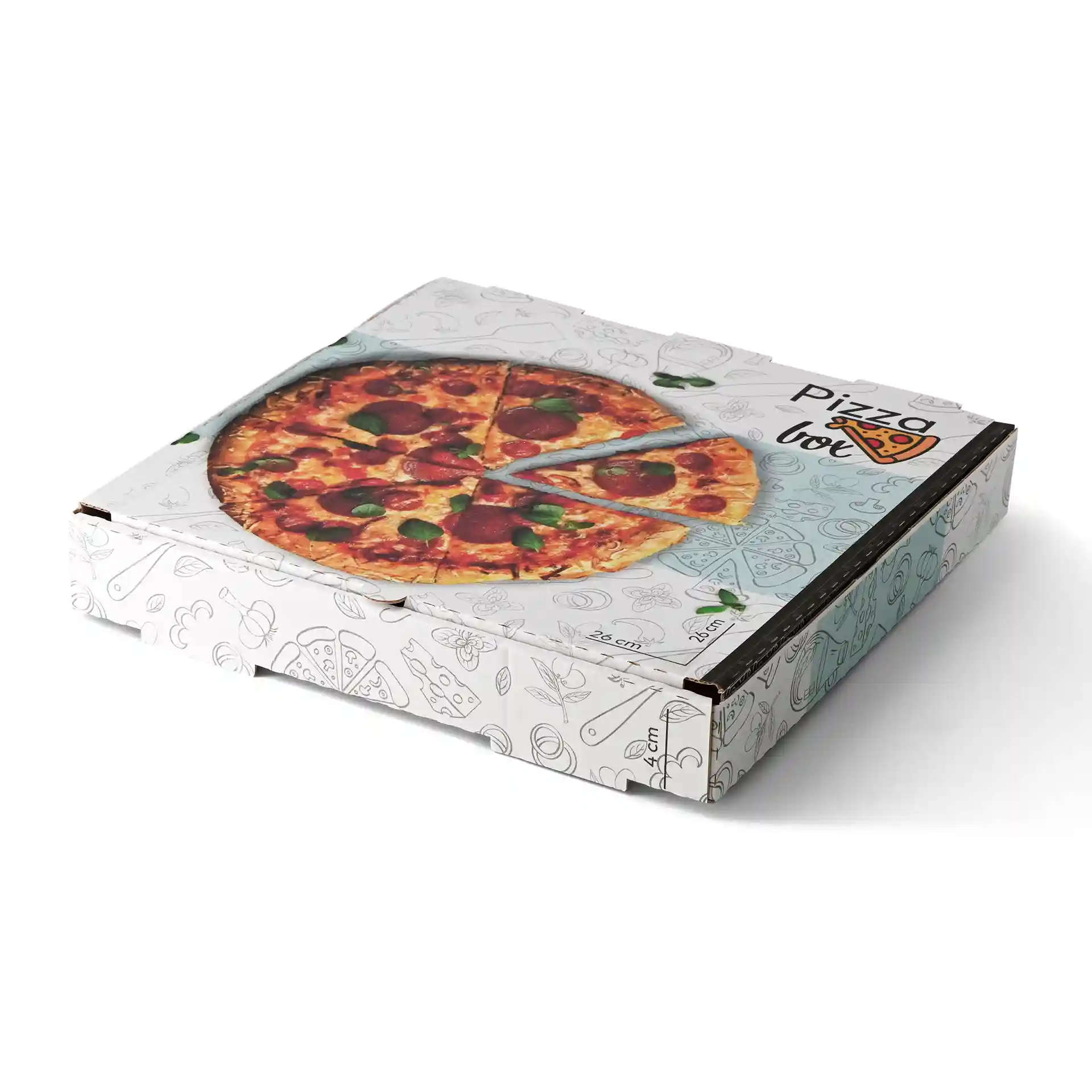 Scatola per pizza con un design di pizza stampato sopra, dimensioni 26 x 26 x 4 cm, con sfondo bianco.
