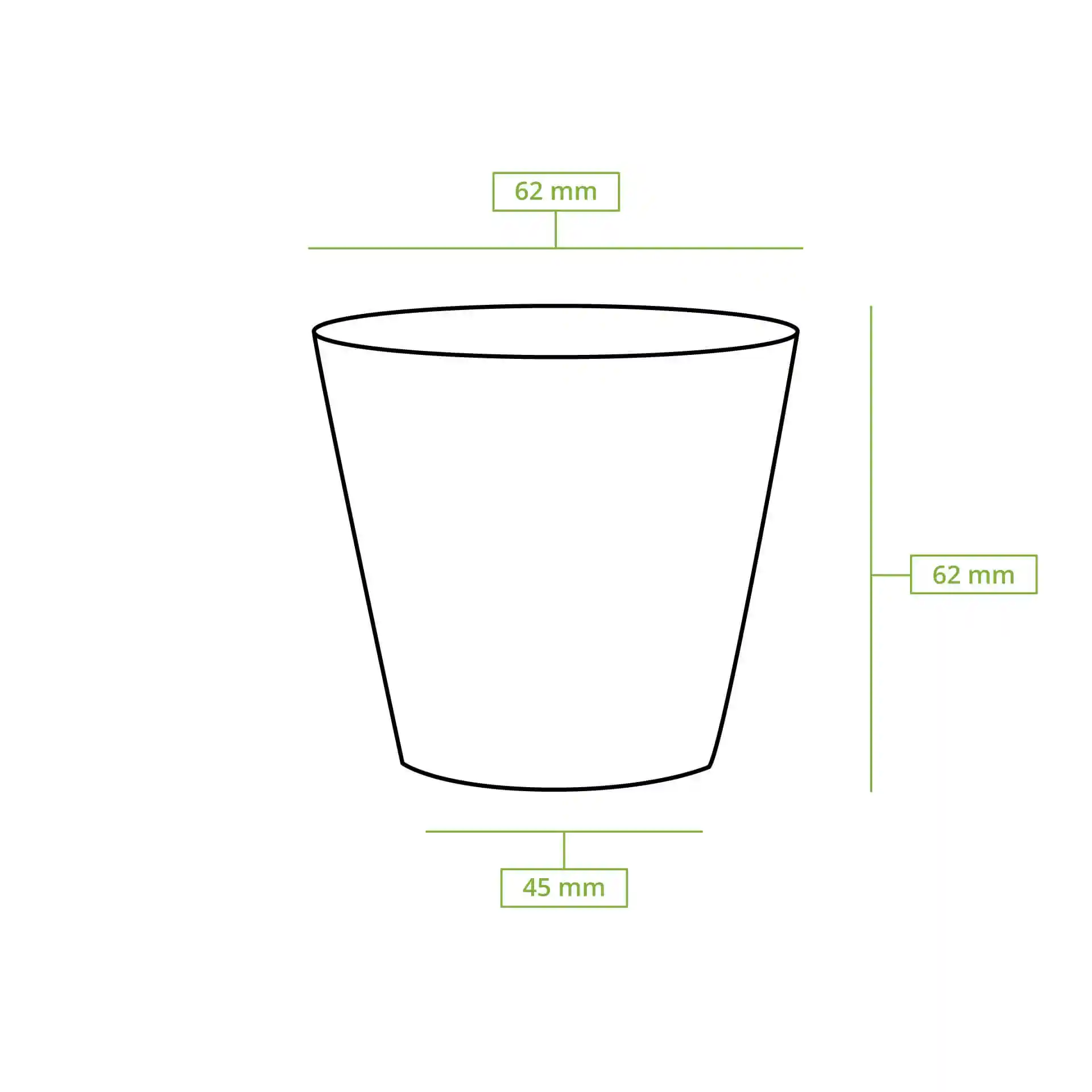 Disegno schematico di un bicchiere di carta rotondo con dimensioni: 62 mm di diametro in alto, 46 mm di diametro in basso e 60 mm di altezza.