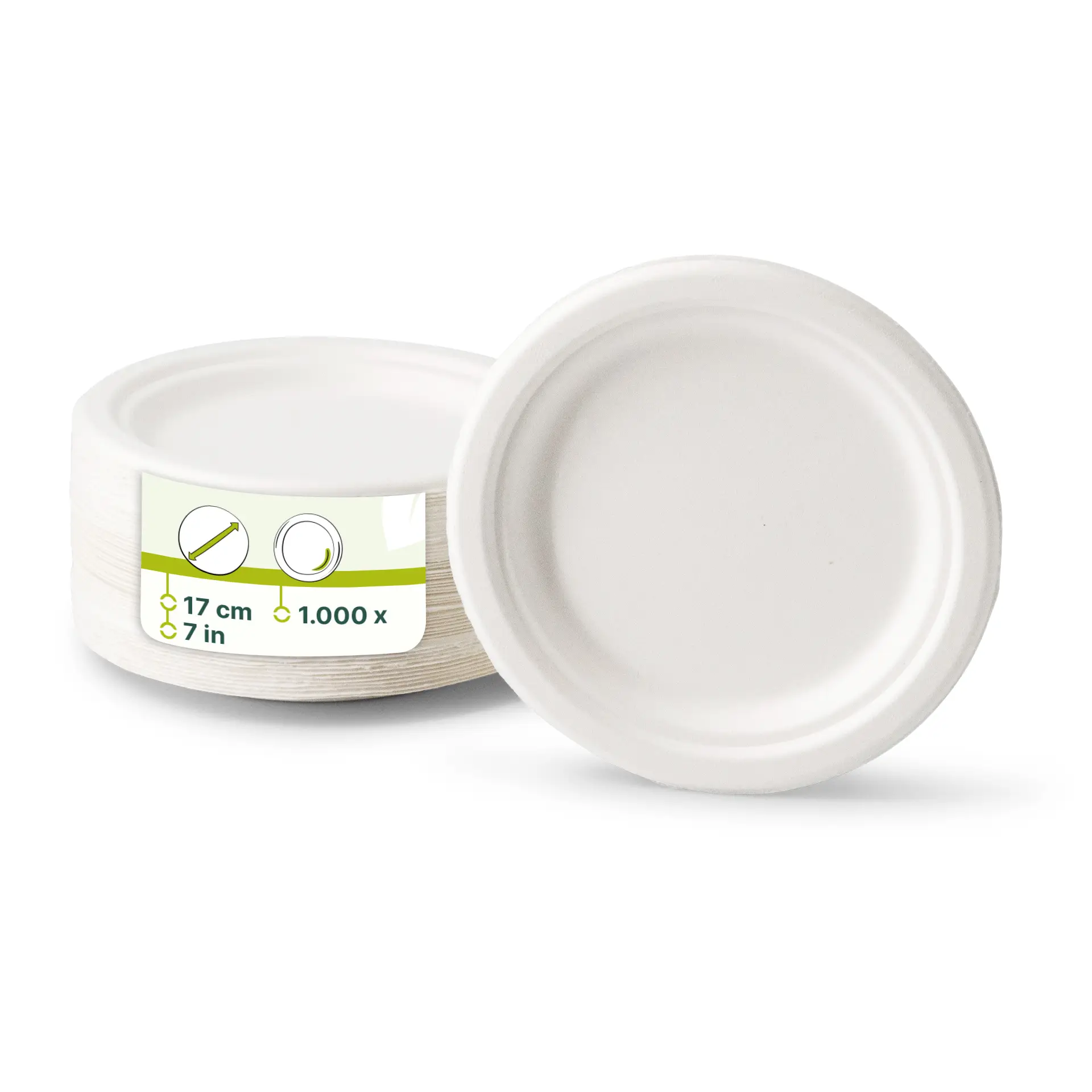 Piatti usa e getta rotondi in canna da zucchero, diametro di 17 cm, adatti per vari tipi di cibo.